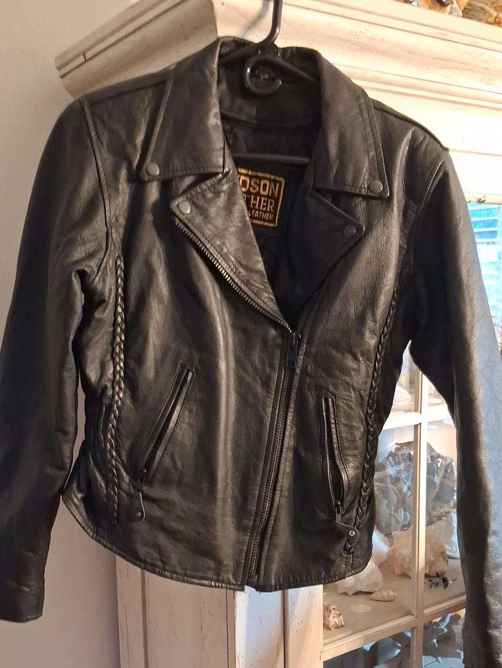 Women’s Black Leather Biker Jacket with Braided Side Detail